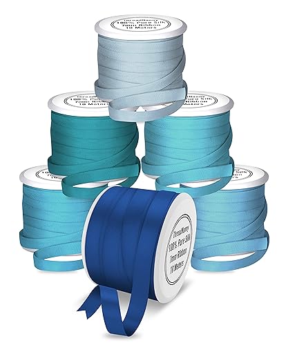 New 7mm Size ThreadNanny 6 Spools of 100% Pure Silk Ribbons - Blue Tones - 60 Meters x 7mm