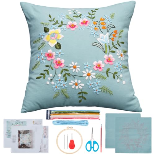 WEBEEDY DIY Embroidery Pillowcase Kit for Beginners,DIY Cushion Cover Cross Stitch Kit with Floral Pattern for Adults,Flower Decorative Pillow Cover Sewing Supplies for Home Decor,17x17/44x44cm(Blue)