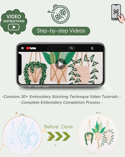 Santune 3 Sets Embroidery Kit for Beginners Needlepoint Cross Stitch Kits for Adults,Stitch Learning DIY Sets with Instruction Video,Stamped Floral Patterns,Hoop,Threads,Sewing Kit - color: Pothos Series