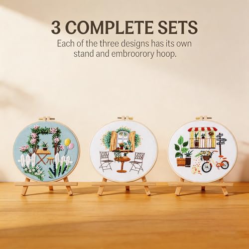 Qupace 3 Pcs Farmhouse Kits for Woman,Beginner Embroidery Kits for Adults,Garden Balcony Scene Pattern Cross Stitch, Green Themed Needlework Sewing Craft Kit - color: Green