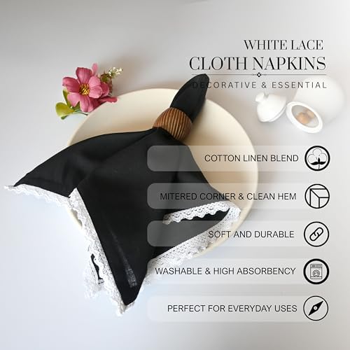 FINGERCRAFT Lace Cloth Napkins, Cotton Linen, 12 Pack, 20x20 Inch, Black - color: Black, size: 20" x 20" (Set of 12)