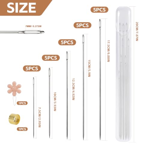 Heavy‑Duty Hand Sewing Needles, 5 Sizes 3‑7 Inch, 25 Pcs Large Needles for Thick Fabrics