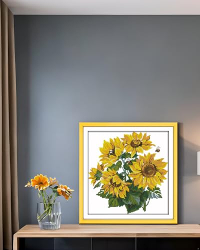 CaptainCrafts Cross Stitch Kits, New Stamped Kit Printed 11CT Fabric Cross Stitching DIY Art DMC Needlecrafts Embroidery Kit for Adults Beginner (Stamped, Sunflower) - color: Sunflower, style: Stamped