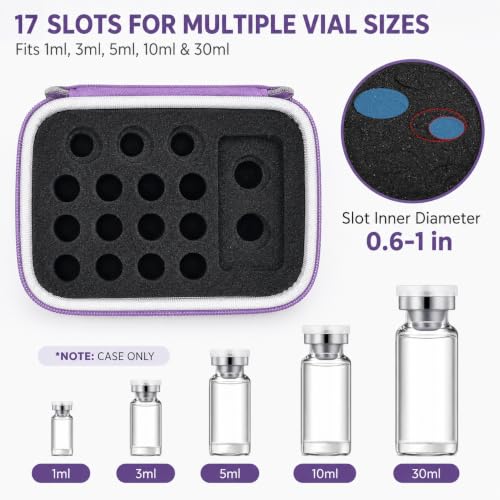 17 Slots Peptide Insulin Vial Hard EVA Travel Case Fits 1ml-30ml Vials - color: Purple