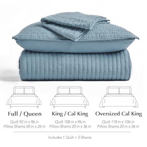 EverGrace 100% Cotton Cross Stitch 3-Piece Quilt Set, 118"x106", Dusty Blue - color: Dusty Blue, size: OVERSIZED CAL KING (118" x 106")