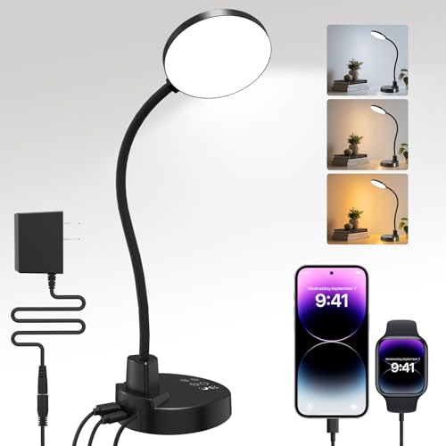 15W LED Desk Lamp with USB Charging Ports – Dimmable Table Lamp with 3 Color Temps, 5 Brightness, 4 Timers, Flexible Gooseneck Light with Base, Eye-Caring Reading Light for Home Office, Bedroom, Study - color: Black, size: 4.7'' Lamp