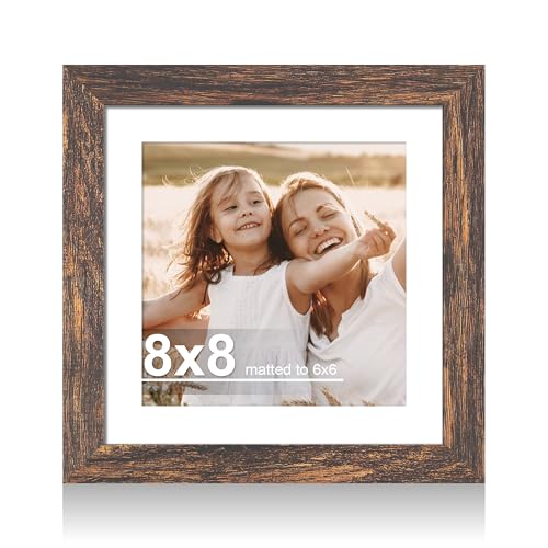 Hongkee 8x8 Picture Frame with Real Glass, Wood Frame 1 Pack(with Mat 6x6) - color: Rustic Brown, size: 8X8 in