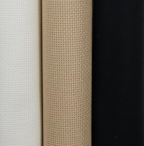 KCS 3 pc of 15" x 18"(38cmx45cm) 18 Count Cross Stitch Cotton Aida Cloth Needlework Rolled Fabric Box,18CT,Antique White+Khaki+Black - color: Antique White+khaki+black, size: 18CT