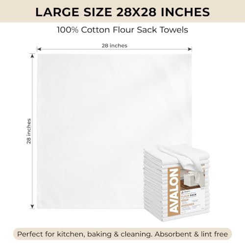 Avalon Kitchen Flour Sack Towels – 30 Pack, 28x28 Inch, 100% Cotton – Flour Sack Dish Towels for Drying Dishes, Baking, Bread Proofing, Crafting & Embroidery – Reusable White Kitchen Towel - color: White, size: 30 Pack - 28x28 inches