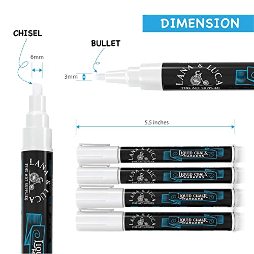 LANA & LUCA White Liquid Chalk Marker Pens - 6mm and 3mm, 3 of each - size: 6 Count (Pack of 1)