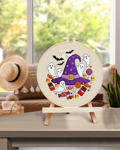 TINDTOP Halloween Embroidery Kit for Adult, Embroidery DIY Starter Kit, with Stamped Patterns, Hoop, Tools, Colorful Threads with Needles, Instructions (Halloween C) - color: Halloween C