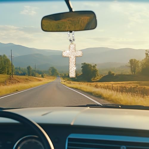 Bling Car Rear View Mirror Accessories Hanging Pendant,Cross Crystal Rhinestone For Car Mirror Hanging,Double-Sided Cross Diamond Religious,Interior Men Women Car Accessories - color: Gold