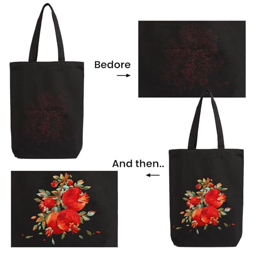 CREAWONDER Canvas Tote Bag Embroidery Kit with Pattern for Beginners, Arts and DIY Embroidery Crafts Kits for Adults, Include Instructions, Embroidery Hoops, Color Threads and Tool - color: CR002 shiliuranran black