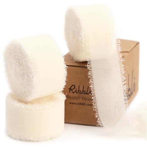 Ribbli Ivory Ribbon 1 Inch x 3 Rolls Total 24 Yards Ivory Handmade Fringe Chiffon Silk Ribbon for Wrapping Wedding Invitations Bridal Bouquets DIY Crafts Home Decor - color: Ivory
