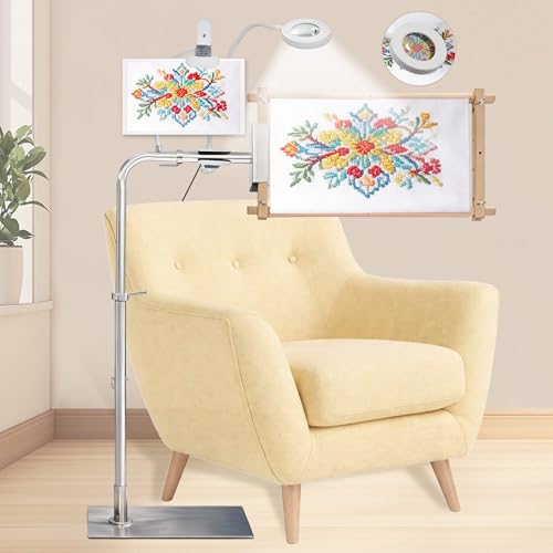 Needlepoint Stand, Adjustable Embroidery Stand & Cross Stitch Floor Stand with Lighted Magnifier, Heavy Duty Metal Frame Stand Holder for Hoops, Q-Snap & Scroll Rods up to 20" Wide