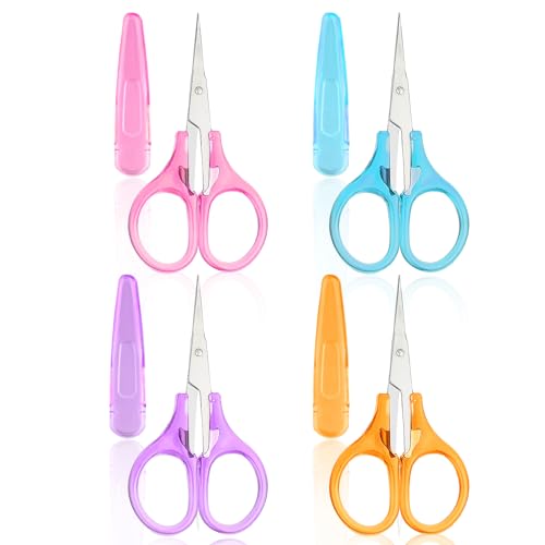 Ouligay 4Pcs Small Sewing Scissors Set - Stainless Steel Detail Craft Scissors with Cap for Paper Cutting, Sewing, Crafting, Quilting
