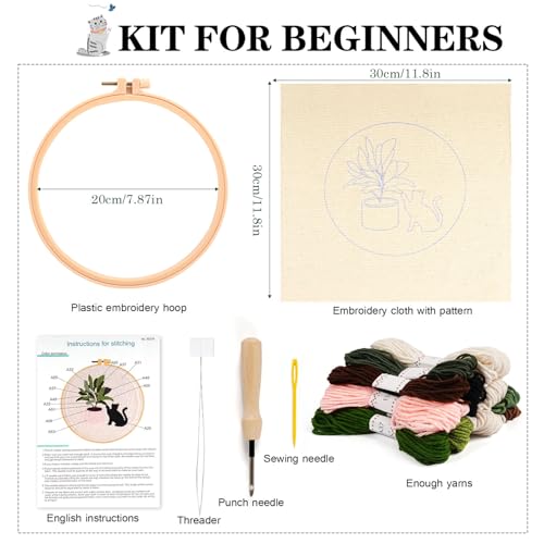 KESTAR Punch Needle Embroidery Starter Kits, Black Cat Flower Punch Needle Kits for Adults Beginner, Needle Punch Kit Tool with Instruction Threader Fabric Yarns and Hoop - color: Black Cat