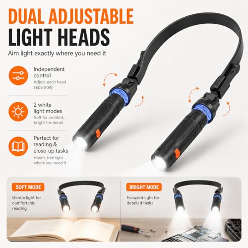 Rechargeable LED Neck Light, 2-in-1 Hands-Free Work Light with Detachable Magnetic Flashlights, 2 Light Modes, Flexible Neck Lamp for Car Repair, Mechanics, Grilling, Reading