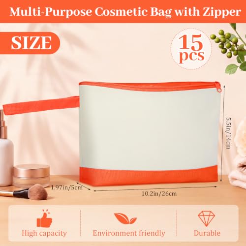 Silkfly 15 Pcs Cotton Canvas Makeup Bags Cosmetic Zipper Bags 10.2 x 5.5 x 2'' Blank DIY Pouch Bulk Pencil Case with Bottom Travel Toiletry Pouch for Women Craft Decor Gift (Beige and Orange) - color: Beige and Orange