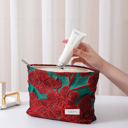 RANIT Retro Red Jacquard Cosmetic Bag - Durable Canvas Luxury Handheld Travel Toiletry Storage Bag Large - color: Red, size: Large