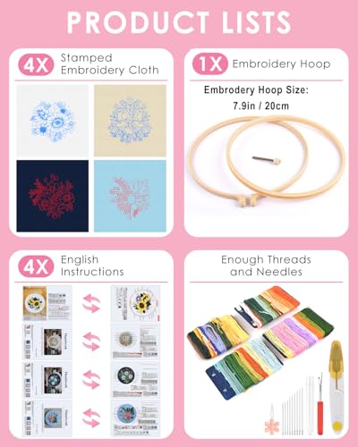 TINDTOP 4 Sets Embroidery Kit for Adults, Floral Embroidery Practice Kit for Beginners Include Embroidery Cloth Hoops Threads for Craft Lover Hand Stitch with Embroidery Skill Techniques - color: Flowers
