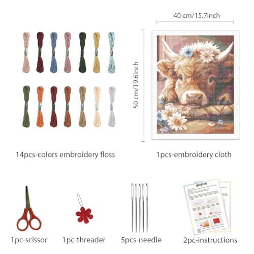 FREEBLOSS Cross Stitch Kit Highland Cattle Stamped Cross Stitch Kit Cross Stitch Wall Hanging for Adults with Instructions Pure Cotton Cloth Cross Stitch for Beginnrs 15.7 * 19.7'' No Frame