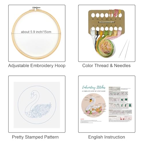 Louise Maelys Swan Floral Embroidery Kit for Beginners DIY Gift Set - color: Swan Flower
