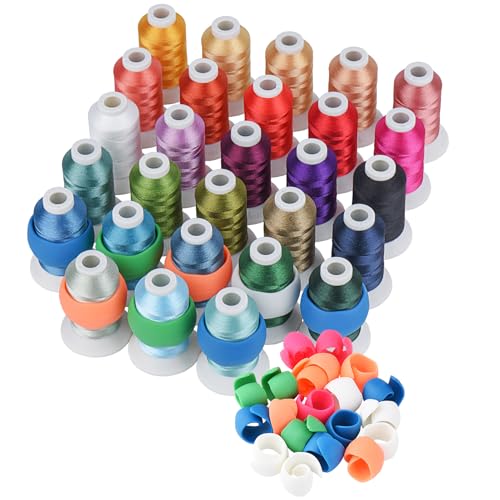 28 Assorted Colors Embroidery Machine Thread with 28 Thread Holder, 500M (550Y) Each Bobbin Polyester Embroidery Threads Kit and Spool Huggers for Sewing & Embroidery Machine- Janome Series 2