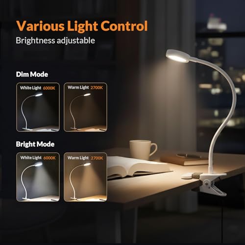 LEPOWER Clip on Light, Book Reading Lamp for Desk, Bed Headboard and Dorm - color: White