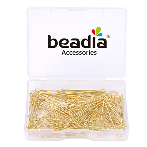 BEADIA 14K Gold Plated Open Eye Pins Non Tarnish 30mm 150pcs for Jewelry Making Findings - color: Open Eye Pins 14k Gold, size: 30x0.7mm