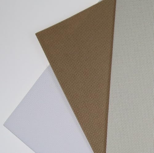 KCS 3 pc of 12" x 18"(30cmx45cm) 18CT Counted Cotton Aida Cloth Cross Stitch Fabric (White+Cream+Khaki) - color: White+cream+khaki
