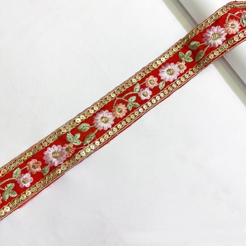 1.5 Inch Red Embroidered Woven Ribbon Trim Jacquard Ribbon 3D Flower Embroidery Tape Boho Floral Fabric Sewing Applique Ribbons for Sewing Making Craft Gift Diy Christmas Embellishment Decor - color: Red