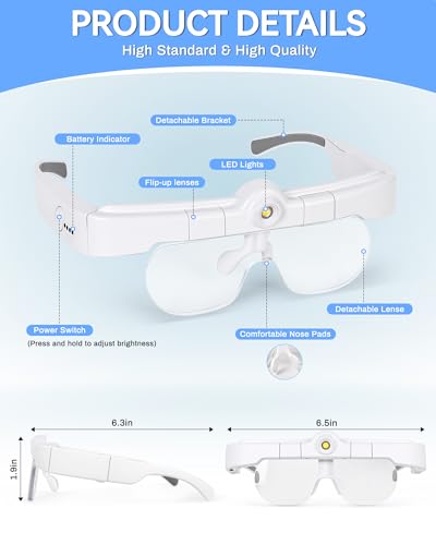 Head Magnifying Glass with Light, Headband Magnifier for Close Work - color: White