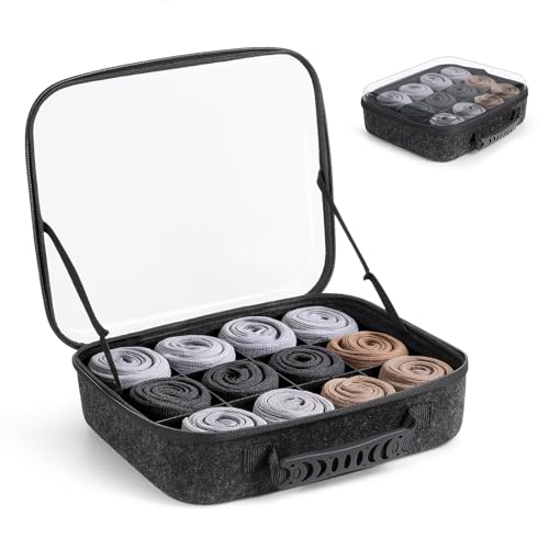 Sock Tie Storage Organizer Box with Clear Lid, 12 Compartment Removable Divided Drawer Organizer for Tea Bag and Threads, Eco-Friendly Felt Case, Gift for Men & Women