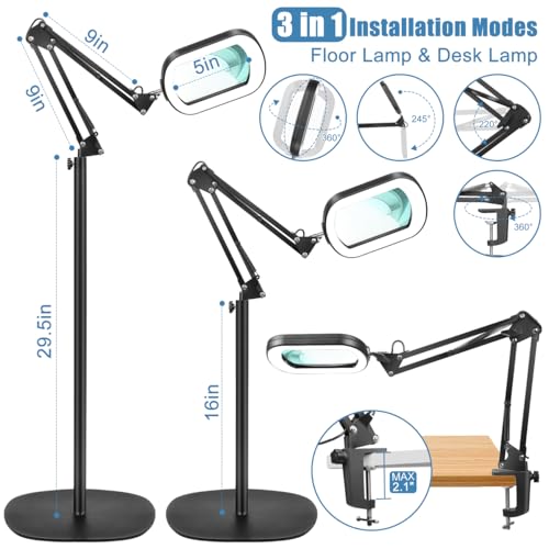 IVMAIE 10X Magnifying Glass with Light and Stand, Real Glass Lens, 5 Color Modes LED Dimmable Lighted, 3-in-1 Floor Lamp with Clamp, Hands Free Magnifier for Reading, Craft Close Work, Carbon Black - color: Carbon Black