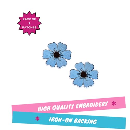 Blue Flower Patch, 2.5” x 2.5”, 2-Pack, Embroidered Iron-On for Hats, Bags, Jackets - color: Blue Flower