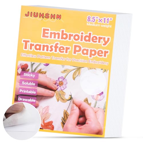 JIUHSHN Water Soluble Embroidery Stabilizer, 12 Sheets 8.5" x 11" Printable Self-Adhesive Stick and Stitch Transfer Paper, Wash-Away Embroidery Paper for Hand & Machine Embroidery