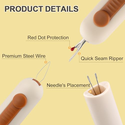 Automatic Needle Threaders Seam Ripper, Upgraded 3 in 1 Sewing Needle Threader Tool, 2Pcs Stretchable Quick Seam Rippers with Needle Storage for Hand Quilling, Embroidery Stitch Removal(Yellow) - color: Yellow