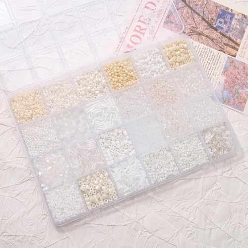 24 Grid White Glass Seed Bugle Tube Beads Kit for Jewelry Making DIY Craft - color: white, size: 24 Grid