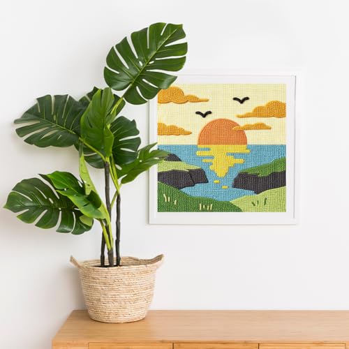 Doodlream Coastal Sunset Needle Kit for Beginner, 9.4"x 9.4" Cliffs Landscape Punch Stitching Craft Set, Color DIY Embroidery Starter with Printed Frame, Instruction, Threader, Yarn, Pinch Needle - color: Sunset