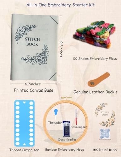 Roofo Embroidery Stitch Book Kit for Beginners, DIY Hand Sewing Embroidery Book 8×6" Starter Set for Adults Cross Stitch Kits with Colors Threads and Tools&Video Tutorials