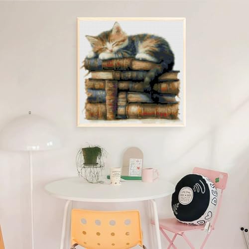 KYOQFVN Cat Counted Stamped Cross Stitch Kits for Adults, 11 CT Stamping Cross Stitch Kit, Animal Needlepoint Cross-Stitch Patterns Dimensions for Home Decor 14×14 Inch - color: SZXMAO-US