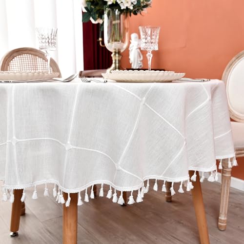 Plaid Round Tablecloth 60 Inch Cotton Linen Round Table Cloth - color: Off-white, size: 60" (Round)
