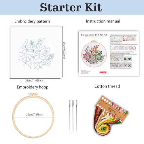 spicssa Embroidery Kit for Beginners, Hand Needlepoint Kits for Adults with Pre-Stamped Patterns, 7.8-Inch Hoop, Threads & Needles, Step by Step Instructions - color: Succulent