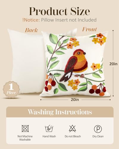 Embroidered Throw Pillow Cover, 20x20 Inch, Bird Branch - color: Tree Bird, size: 20" x 20" (Pack of 1)