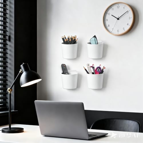 4 Pack Wall Caddy Pen Holders, Adhesive Wall Mount Hanging Bins Cups(White) - color: White