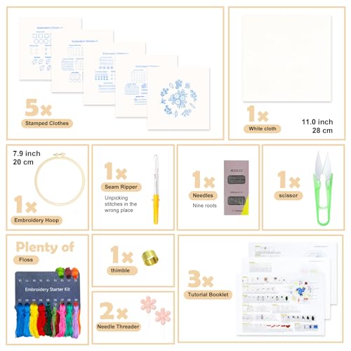 BREENHILL Embroidery Kit for Beginners, 5 Sets with Practice Kit, White Fabric, Tutorial Instructions, Art Craft Kit for Adults & Kids