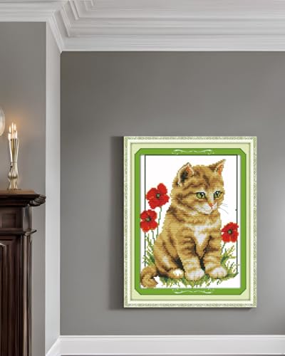 CaptainCrafts Cross Stitch Kits for Adults Stamped Cross Stitch Printed 14CT Fabric Cross Stitching DIY Art DMC Needlecrafts Embroidery Kit for Adults (Stamped 14CT, Cat and Poppy) - color: Cat and Poppy, style: Stamped 14CT