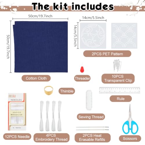 WEBEEDY DIY Sashiko Pattern Pillowcase Set Sashiko Pillow Cover Template Kit，Japanese Embroidery Kit with Instruction for Beginners Home Sofa Pillow Cover Needlework Gift,40x40cm/15.7x15.7