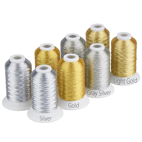 Simthread 8 Spools (4 Gold+ 4 Silver Colors) Metallic Embroidery Machine Thread 500M(550Y) for Embroidery and Decorative Sewing - color: 2Gold+2LightGlod+2Silver+2GraySilver